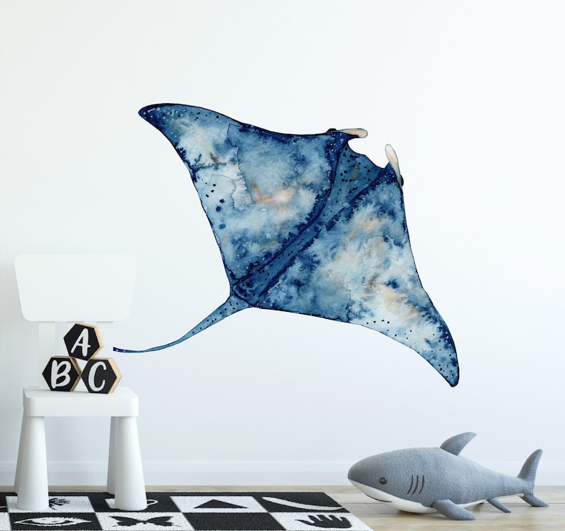 Manta Ray Wall Decal Ocean Wall Sticker, Removable Peel and Stick Fabric, Sealife Under The Sea Underwater Kids Marine Nursery Decor image 1
