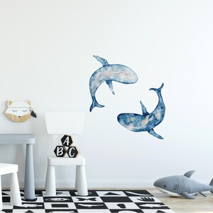Watercolor Navy Blue Whales Wall Decal Set of 2 Removable Fabric Wall Sticker