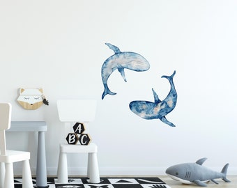 Watercolor Navy Blue Whales Wall Decal Set of 2 Removable Fabric Wall Sticker