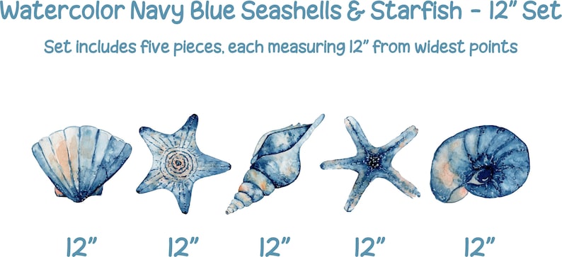 Watercolor Navy Blue Seashells & Starfish Wall Decal Ocean Sea Life ...