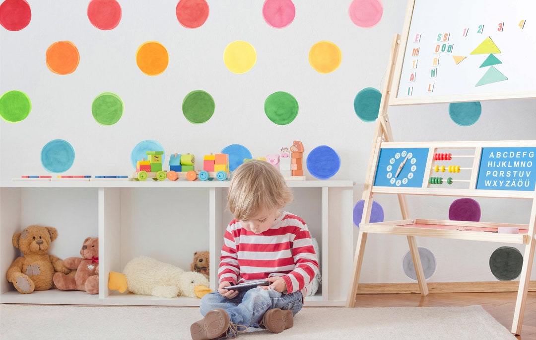 SMALL Watercolor Rainbow Dots Wall Decal Set 36 Dots Removable Fabric