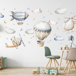 Hot Air Balloon Wall Decal Set - Airplane Wall Decal - Helicopter - Airship - Repositionable Fabric Wall Sticker - Nursery Decor