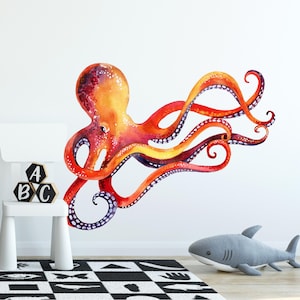 Red Octopus Wall Decal Peel and Stick Fabric Wall Sticker Sea Animal Ocean Octopus Nursery Decor