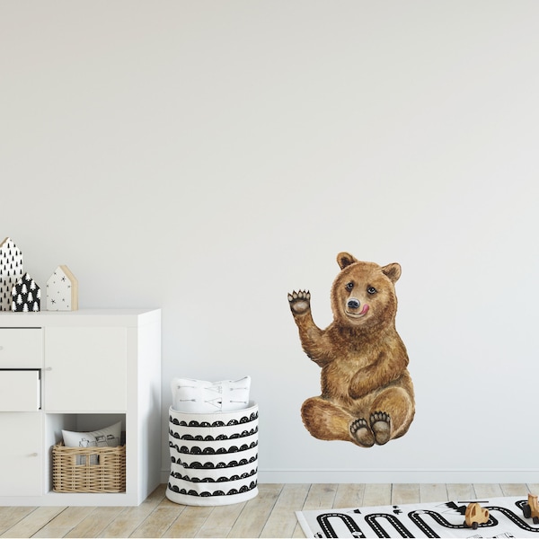 Brown Baby Bear Cub Wall Decal Removable Fabric  Watercolor Wall Sticker Woodland Forest Animal Playroom Wall Art Nursery Room Decor
