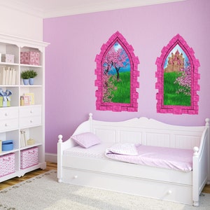 Fairy Tale Castle Cherry Blossom Trees | Castle Window 3D Wall Mural for Girls Bedroom Nursery Decor | Set of 2 - Choose Size