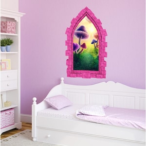 Mushroom Wonderland Castle Window Wall Decal 3D Wall Sticker Peel and Stick Mural for Childrens Room Decor