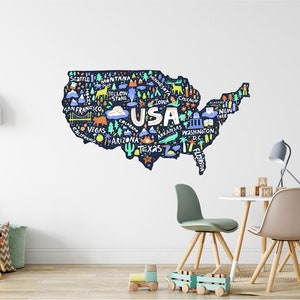 United States Cartoon Map #2 Wall Decal Travel USA Large America State Maps Geographical Mural Removable Fabric  Wall Sticker