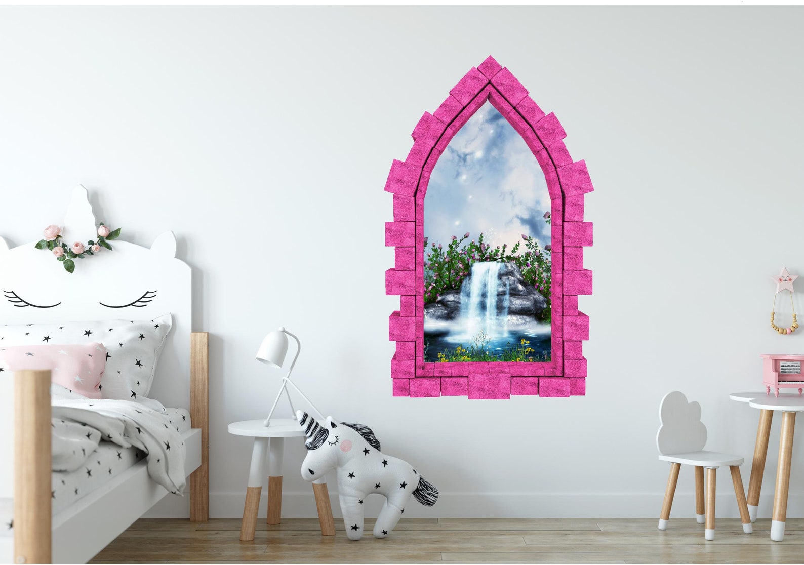 Fairy Tale Stone Waterfall Castle Window Wall Decal 3D Wall Sticker ...