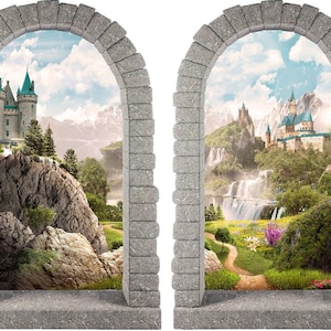 Path to Fairytale Castle Waterfall Mountains | Castle Window 3D Wall Decal Removable  Wall Stickers | Set of 2