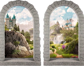 Path to Fairytale Castle Waterfall Mountains | Castle Window 3D Wall Decal Removable  Wall Stickers | Set of 2 | DecalBaby