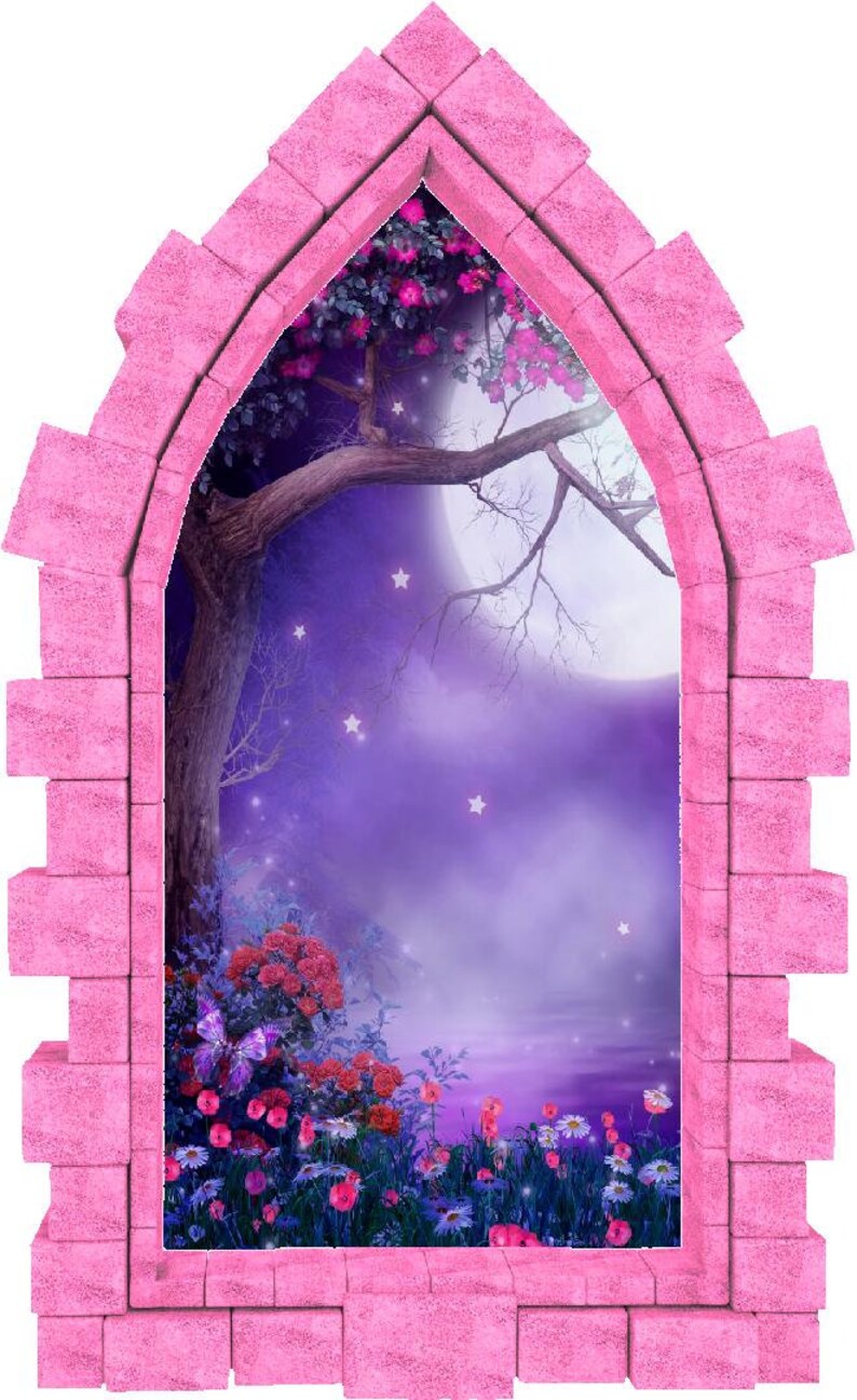 Foggy Purple Moonlight Castle Window 3D Wall Sticker Night Sky Moon Medieval Portal Girl Playroom Kids Bedroom Decor immagine 5