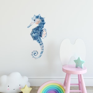 Watercolor Navy Blue Seahorse Wall Decal Ocean Sea Life Removable Fabric Wall Sticker | DecalBaby