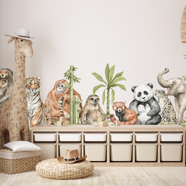 Safari Asia Animals Fabric Wall Decal Set - Safari Nursery Decor - Tiger, Panda, Bear, Leopard, Sloth, Elephant, Orangutan, Bamboo Palm Tree