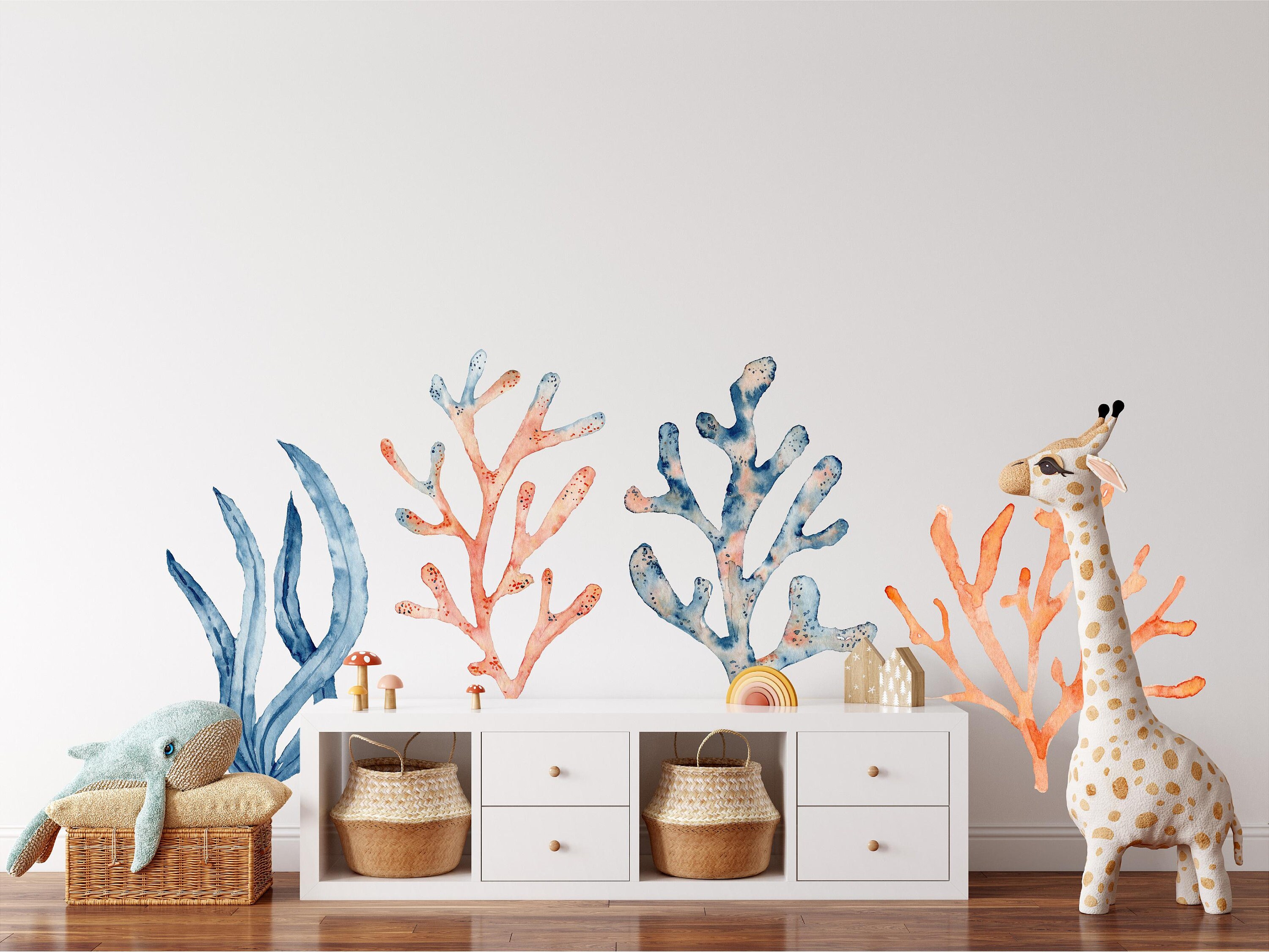 Navy Blue Orange Coral & Seaweed Wall Decal Set of 4 Ocean Sea Life Removable Fabric Wall Sticker