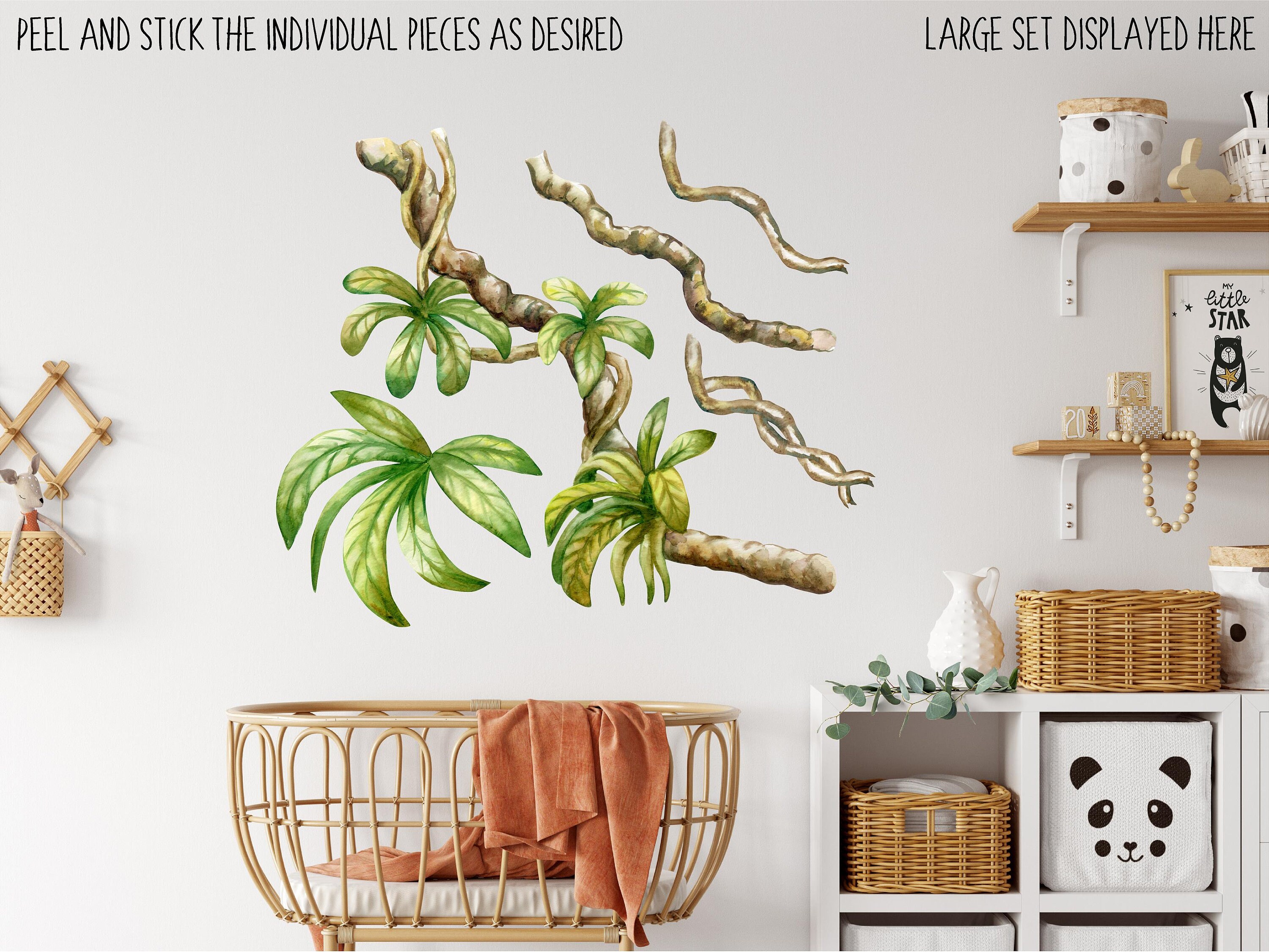 Jungle Animals Wall Stickers - Safari Lion Vine Leaves Decals, Peel & Stick 30x90cm For Kids Room