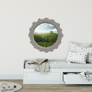 3D Stone Hole Wall Decal Enchanted Castle By The Sea Fairy Tale Fantasy Princess Brick Window Removable Fabric  Wall Sticker