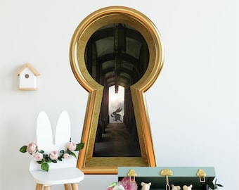 Rabbit Running Late Keyhole Wall Decal White Rabbit Wonderland Removable  Wall Sticker 3D Portal Window