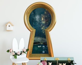 3d Keyhole Fabric Wall Decal - Enchanted Dark Forest Pond Water Lillies - 3D Keyhole Wall Sticker - Fairytale Decal - Removable