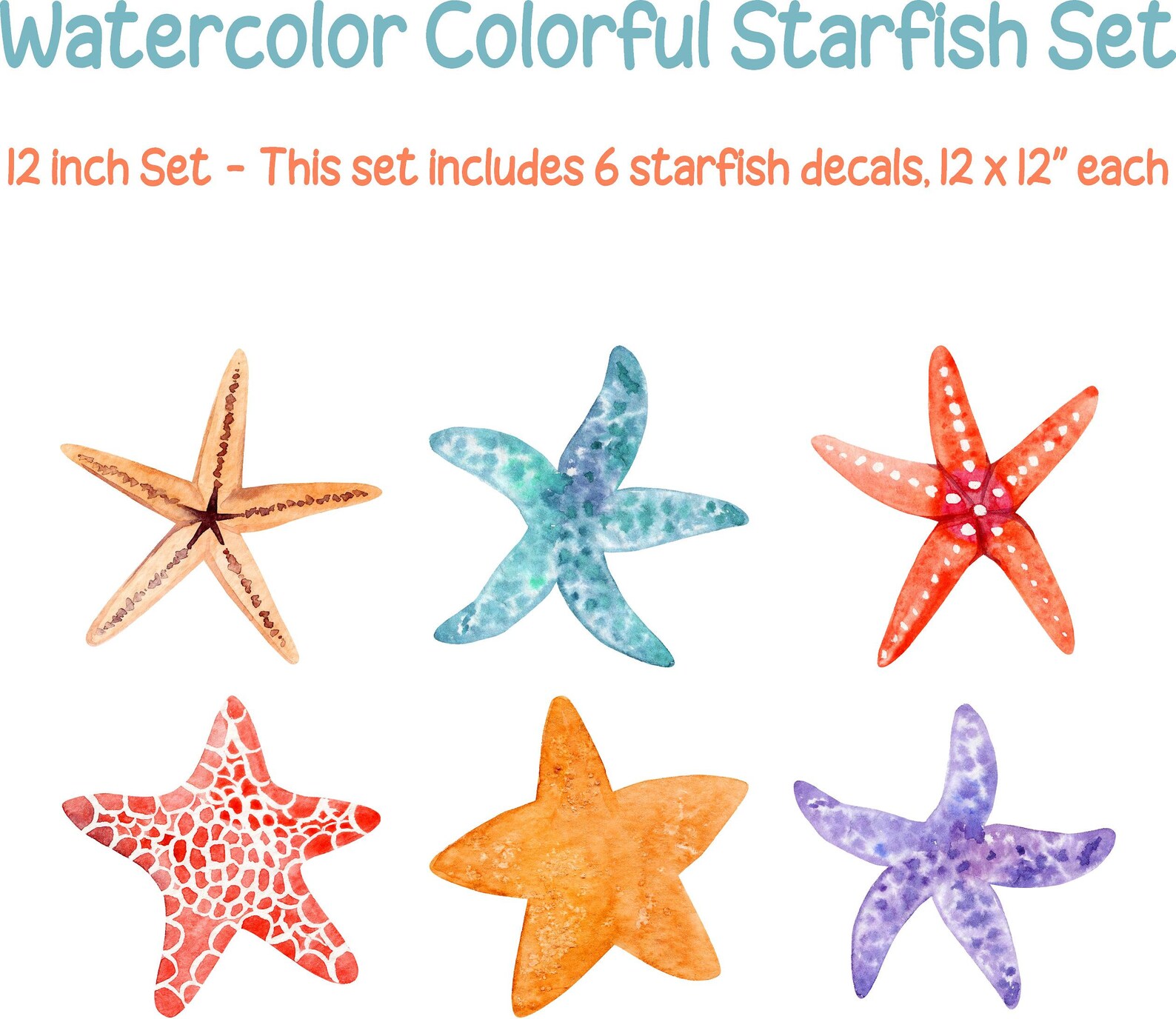 Watercolor Colorful Starfish Set Wall Decal Set of 6 Ocean Sea Life ...
