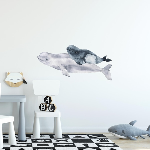Watercolor Beluga & Baby Wall Decal Ocean Sea Life Removable Fabric Wall Sticker