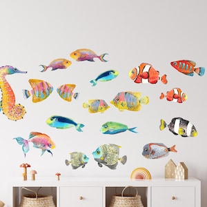 Watercolor Tropical Fish Wall Decal Set - 18 Piece - Fabric Wall Sticker Kids Playroom Bathroom Wall Art Nursery Decor