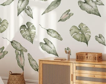 Tropical Leaves Monstera & Palm Wall Decal Set of 24, Safari Nursery Wall Decal, African Jungle Wall Art Decor, Removable Peel Stick Fabric