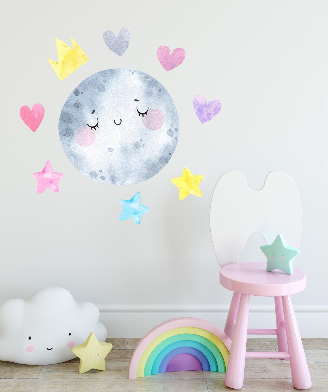 Happy Moon Wall Decal Set Cute Watercolor Moon Wall Sticker Etsy