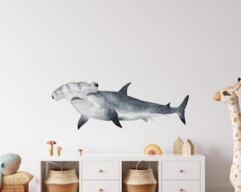 Watercolor Hammerhead Shark Wall Decal - Ocean Nursery Decor - 17" Tall x 50" Wide