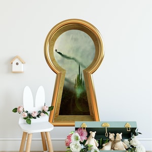 OZ 3d Keyhole Fabric Wall Decal - Wicked Witch Flying Over Emerald Castle - 3D Keyhole Wall Sticker - Wonderland Decal - Removable