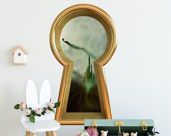 OZ 3d Keyhole Fabric Wall Decal - Wicked Witch Flying Over Emerald Castle - 3D Keyhole Wall Sticker - Wonderland Decal - Removable