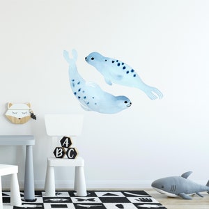 Watercolor Baby Blue Seal Set of 2 Wall Decal Ocean Sea Life Removable Fabric Wall Sticker