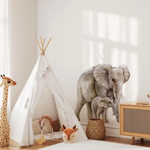 Mother and Baby Elephant Wall Decal | Watercolor Safari Nursery Decor, Elephant Mom and Calf, Removable Peel and Stick Fabric