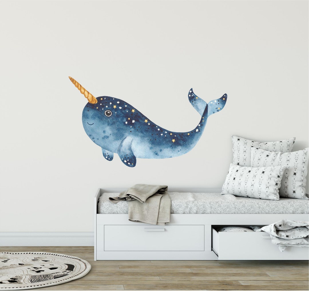 Navy Blue Star Narwhal Wall Decal Whimsical Whale Ocean Sea Life Animal