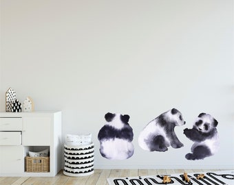 Watercolor Panda Bears Wall Decal Set of 3, Black & White Pandas Wall Sticker Removable Fabric  Nursery Decor