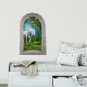 Rounded Stone Castle Window Wall Decal Unicorn In Enchanted Forest Removable Fabric  Wall Sticker for Childrens Room