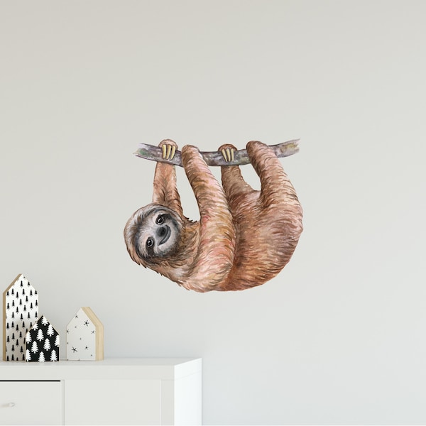 Sloth #1 Wall Decal Tropical Rain Forest Animal Wall Sticker Sloth On Tree Limb Removable Fabric  Jungle Safari Kids Nursery Decor