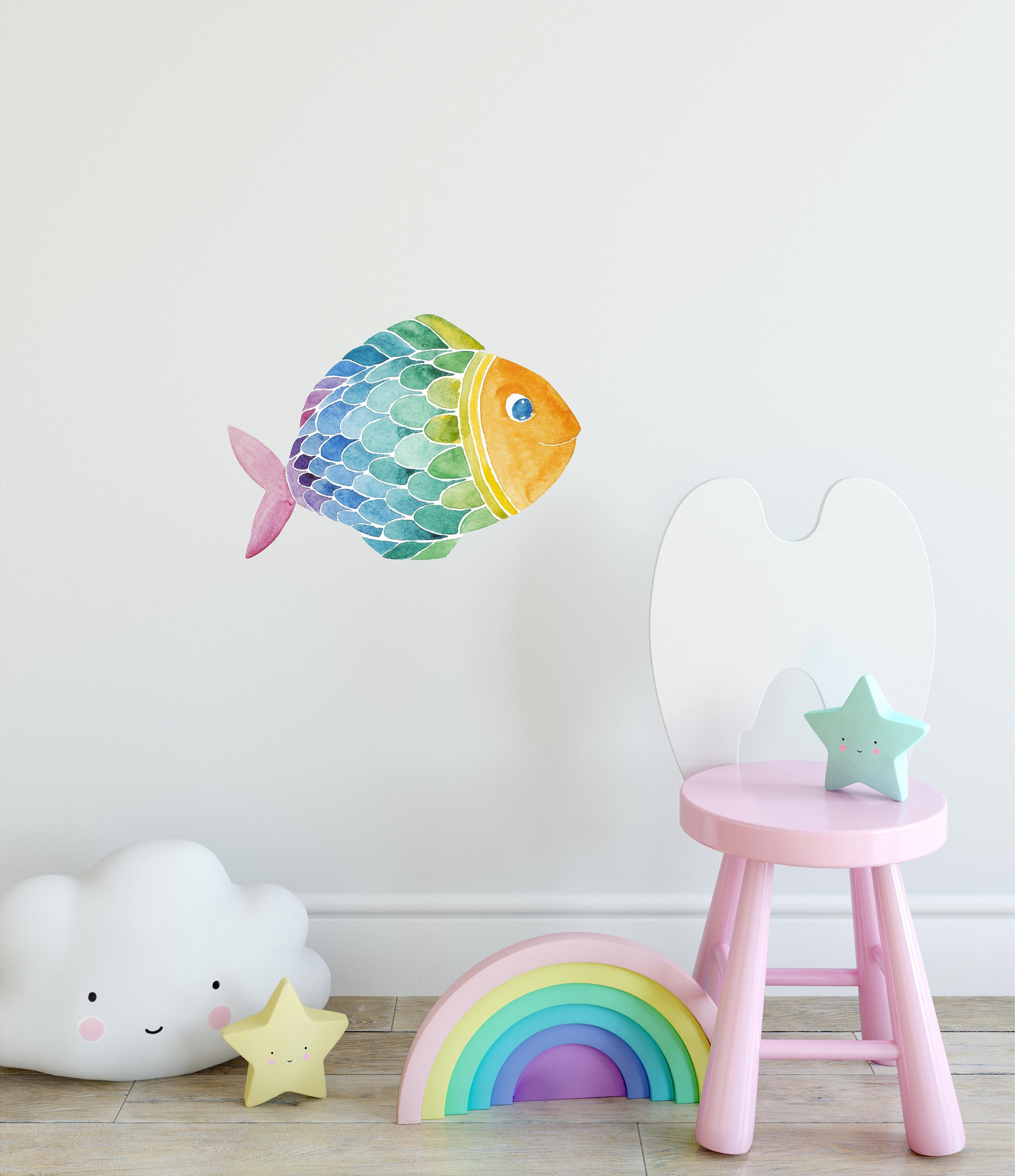 Rainbow Fish Wall Decal Watercolor Smiling Fish Wall Sticker Etsy