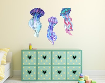 Watercolor Jellyfish Wall Decal Set of 3 - 24" Jellies Removable Fabric Wall Sticker
