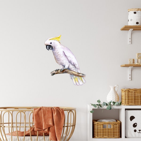 Yellow-Crested Cockatoo Parrot On Branch Wall Decal Tropical Rainforest Bird Wall Sticker Removable Fabric  Nursery Room Decor