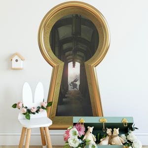 Rabbit Running Late Keyhole Wall Decal White Rabbit Wonderland Removable  Wall Sticker 3D Portal Window