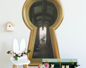 Rabbit Running Late Keyhole Wall Decal White Rabbit Wonderland Removable  Wall Sticker 3D Portal Window