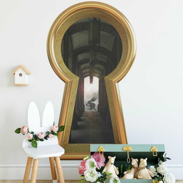 Rabbit Running Late Keyhole Wall Decal White Rabbit Wonderland Removable  Wall Sticker 3D Portal Window