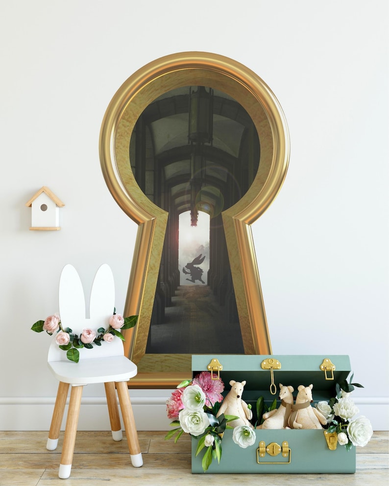 Vinilo decorativo de pared con forma de ojo de cerradura de conejo corriendo tarde, Conejo blanco, País de las Maravillas, adhesivo de pared removible, portal 3D