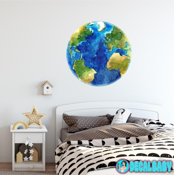 planet earth watercolor wall decal sticker solar system mural | etsy