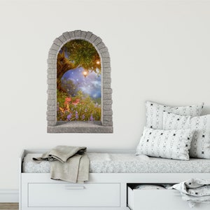 Rounded Stone Castle Window Wall Decal Enchanted Lantern Tree Removable Fabric  Wall Sticker for Childrens Room