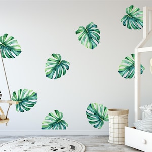 Green Monstera Tropical Leaves Wall Decal Set - Size MEDIUM Set of 4 Botanical Watercolor Rainforest Leaf Wall Stickers Nursery