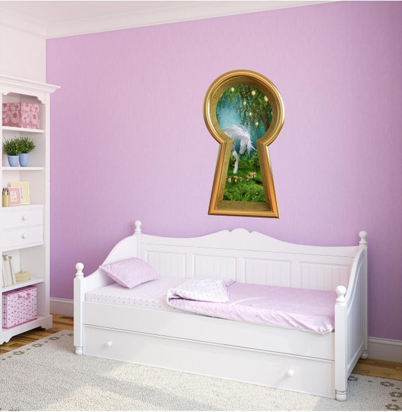 3d Keyhole Wall Decal Unicorn In Enchanted Forest 3d Window Wall Sticker Fantasy Portal Mural Childrens Room Decor