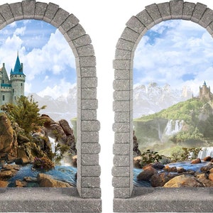 Fairytale Castle Waterfall Mountains #2 | Castle Window 3D Wall Decal Removable Wall Stickers | Set of 2