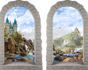 Fairytale Castle Waterfall Mountains #2 | Castle Window 3D Wall Decal Removable Wall Stickers | Set of 2 | DecalBaby