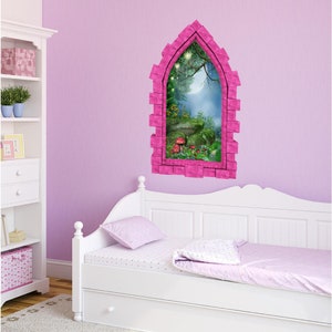 Fantasy Lantern Forest Castle Window Wall Decal 3D Wall Sticker Medieval Portal Kids Playroom Childrens Bedroom Decor